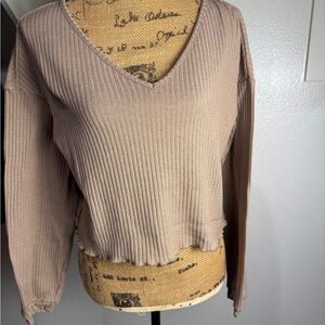 SHEIN Taupe Ribbed V-Neck Long Sleeve Top